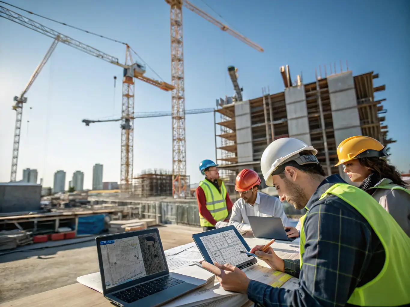 A team of professionals inspecting a Swiss property site with blueprints and digital devices, illustrating project implementation support.