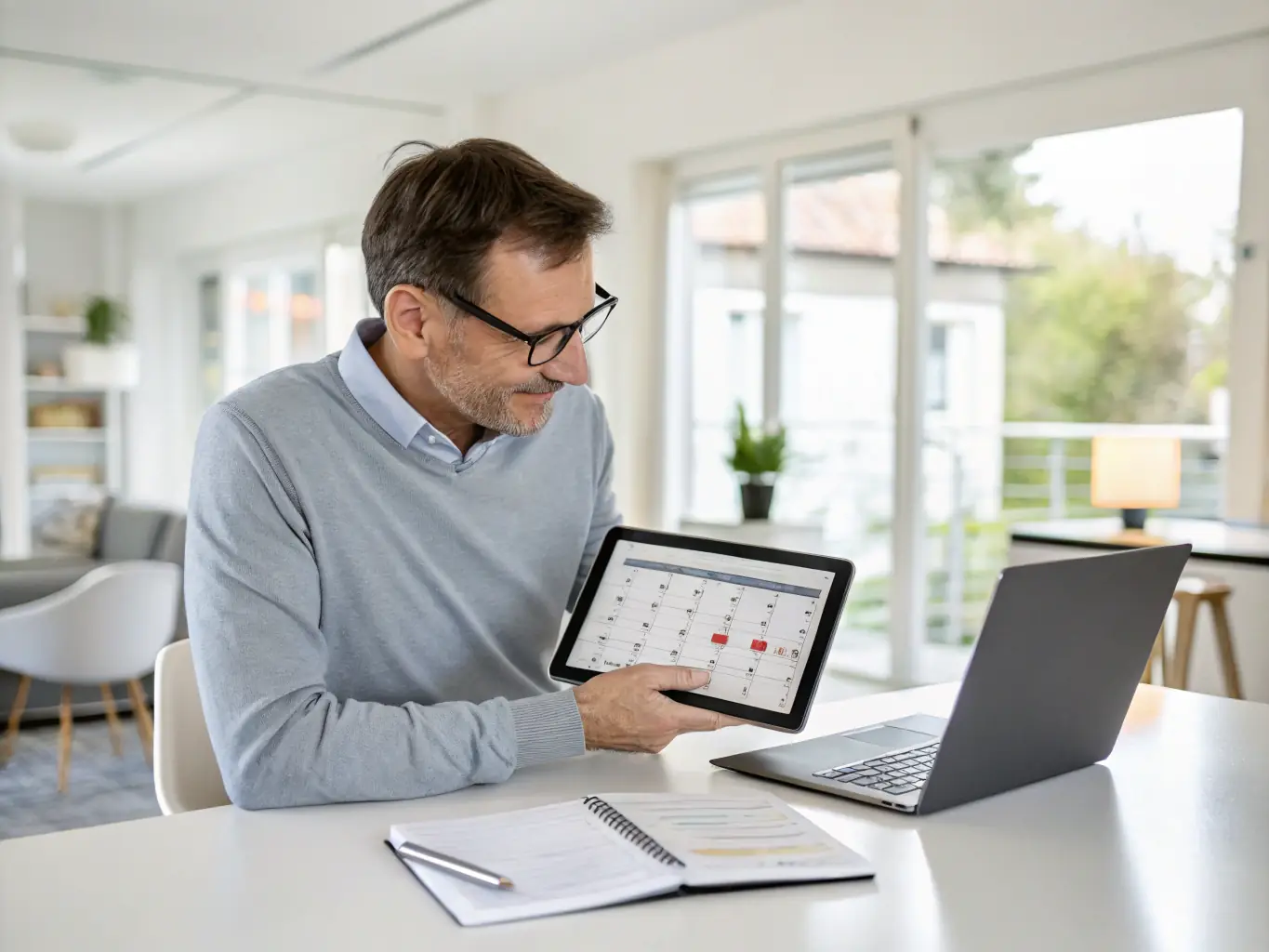 An image of a professional consultant analyzing property data on a digital tablet with Swiss cityscape in the background, symbolizing strategic investment planning.