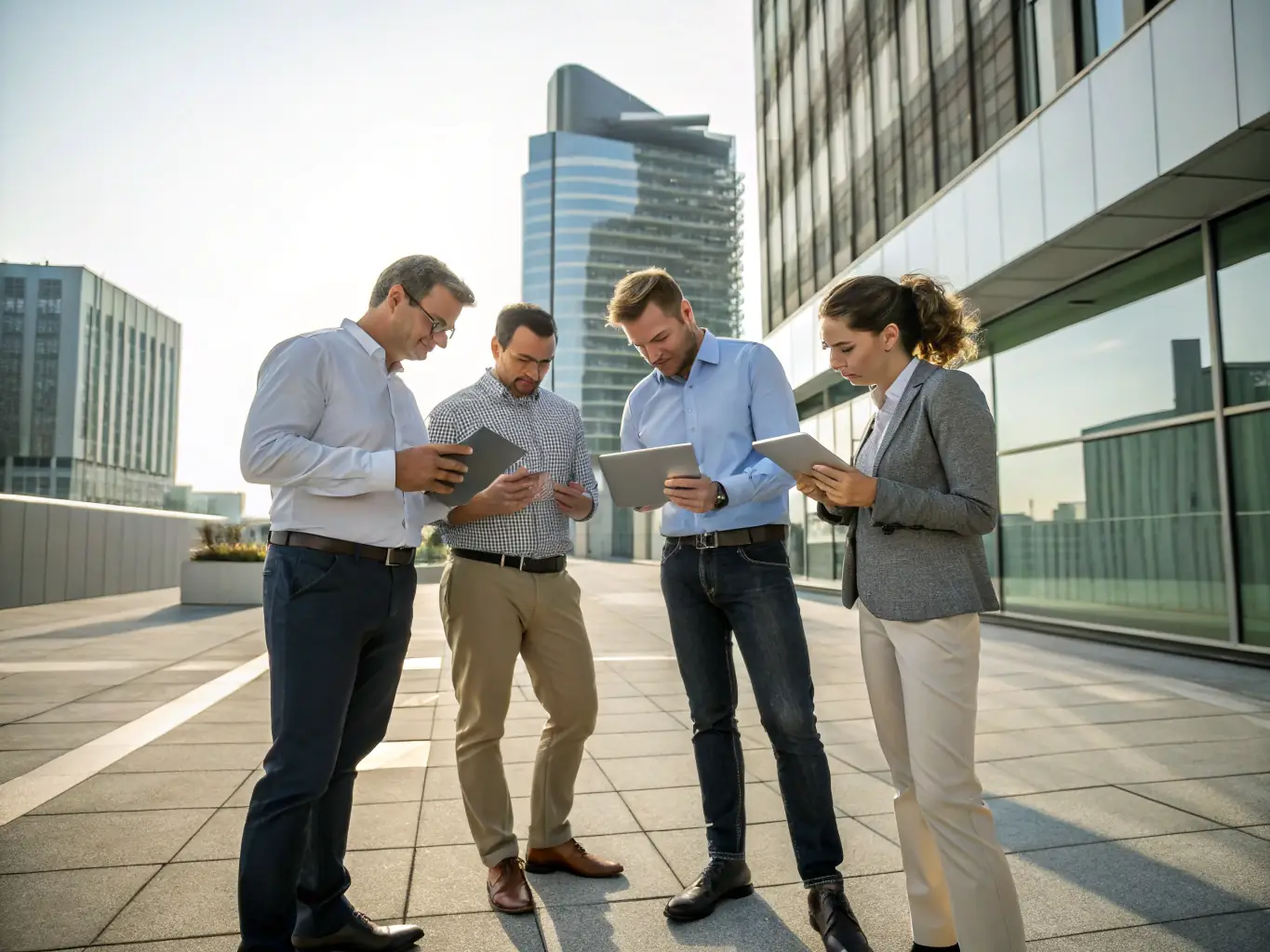 A team of professionals inspecting a Swiss property site with blueprints and digital devices.