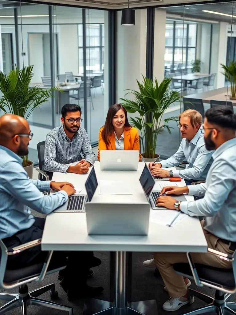 A diverse team of real estate professionals collaborating in a modern office setting, showcasing PropWealth Invest's expertise.